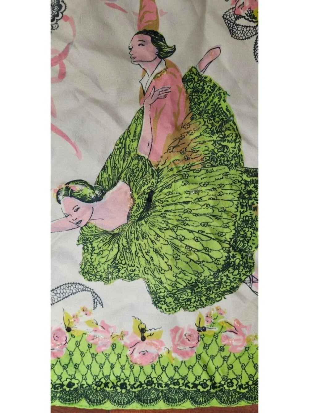 Vintage Silk Scarf Green Pink Floral Ladies Novelty Print Large Square 33x34''